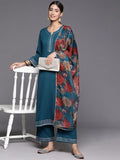 Varanga Women Teal Straight Kurta Paired With Tonal Bottom And Tabby Dupatta