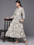 Varanga Women Grey Floral Printed Angrakha Style Anarkali Kurta Paired With Printed Bottom.