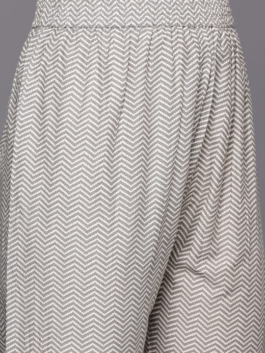 Varanga Women Grey Floral Printed Angrakha Style Anarkali Kurta Paired With Printed Bottom.
