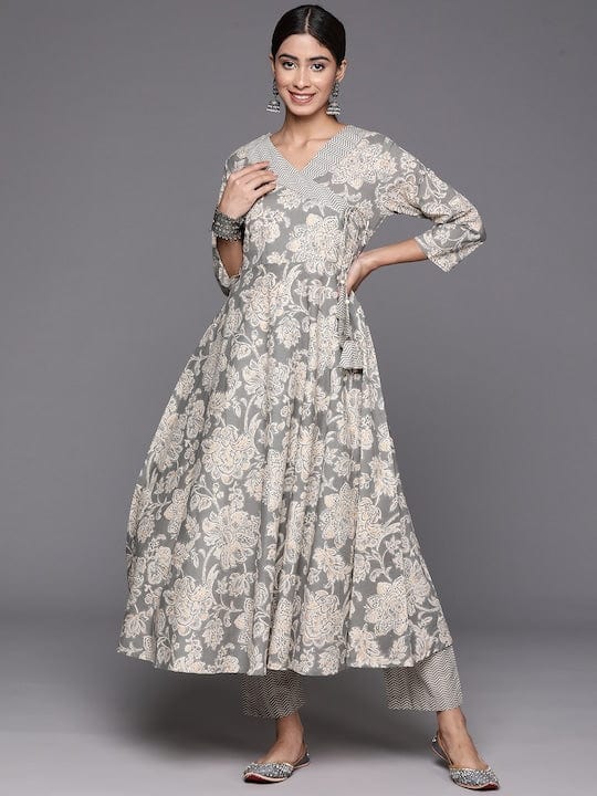 Varanga Women Grey Floral Printed Angrakha Style Anarkali Kurta Paired With Printed Bottom.
