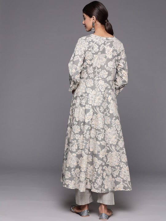 Varanga Women Grey Floral Printed Angrakha Style Anarkali Kurta Paired With Printed Bottom.