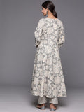 Varanga Women Grey Floral Printed Angrakha Style Anarkali Kurta Paired With Printed Bottom.