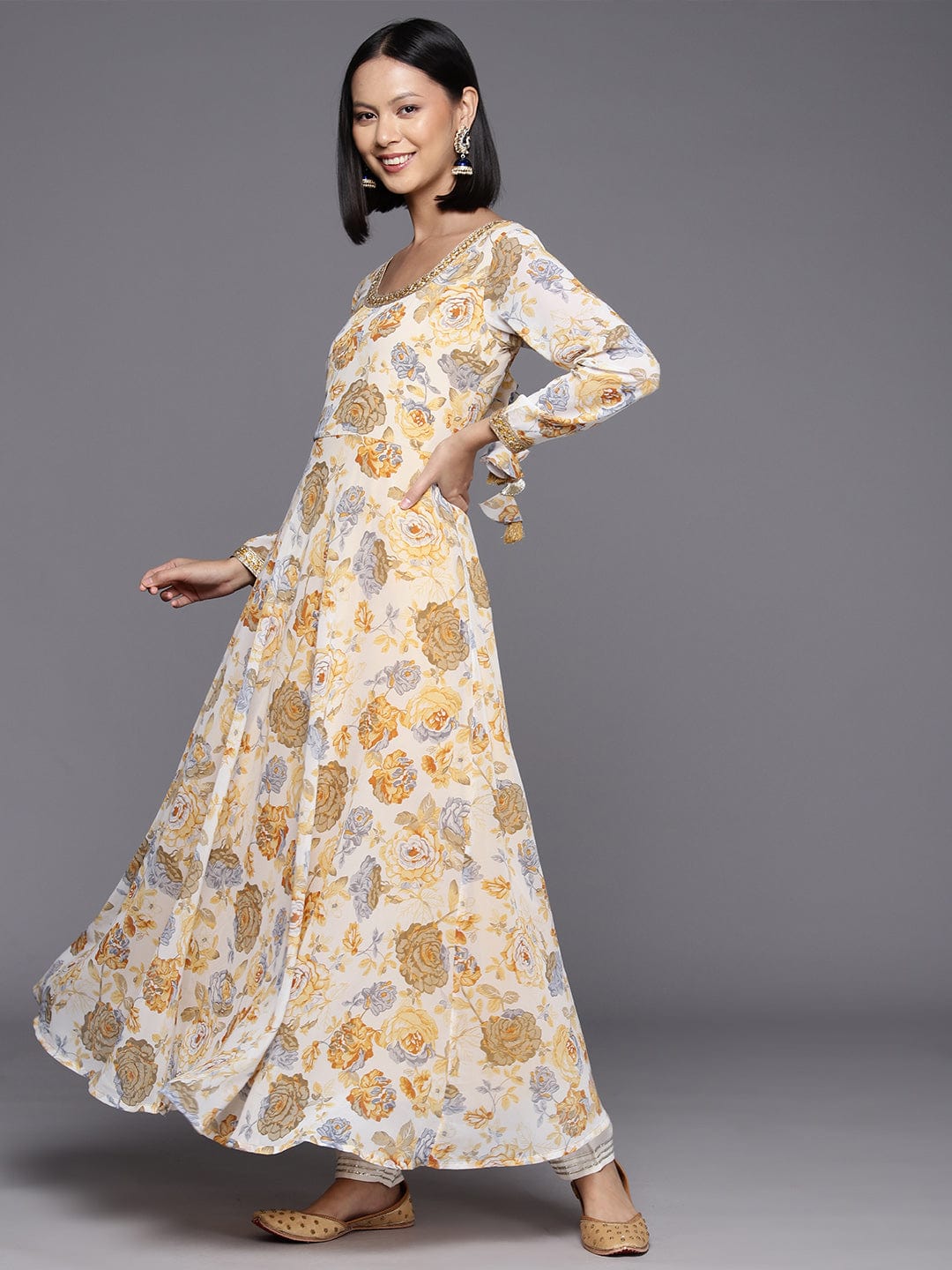 Yellow Floral Printed Anarkali Kurta Paired With Solid Dupatta