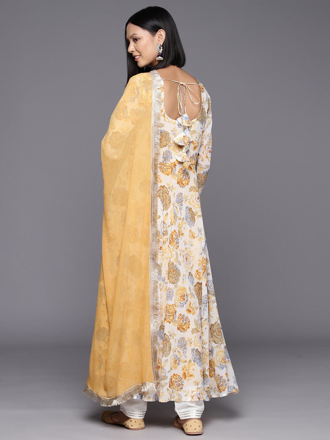 Yellow Floral Printed Anarkali Kurta Paired With Solid Dupatta