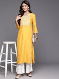 Varanga Women Mustard Round Neck Embroidered Yoke Straight Kurta
