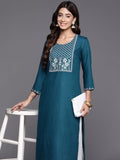 Varanga Women Teal Round Neck Embroidered Yoke Straight Kurta