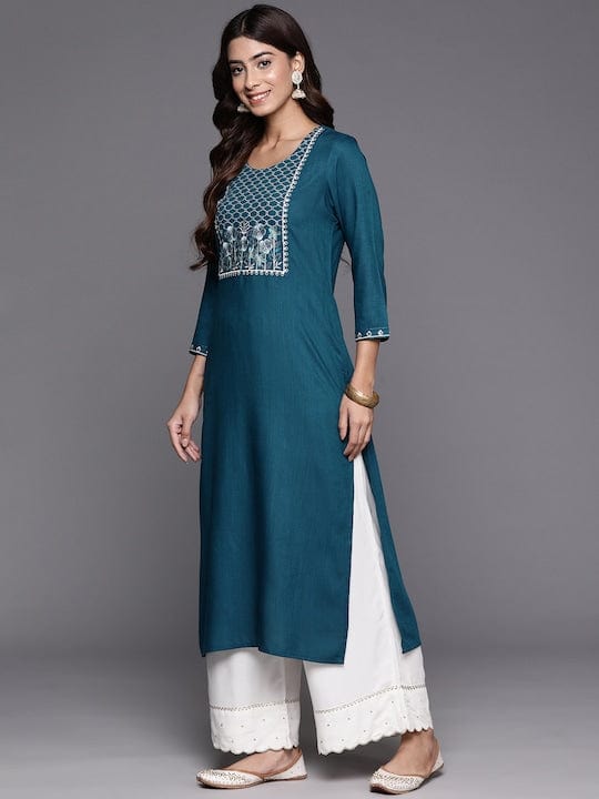 Varanga Women Teal Round Neck Embroidered Yoke Straight Kurta