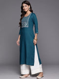 Varanga Women Teal Round Neck Embroidered Yoke Straight Kurta