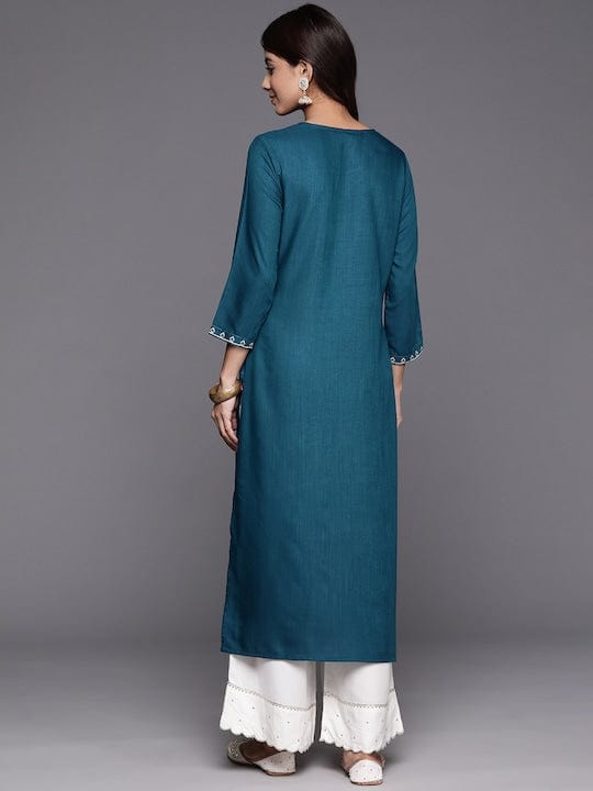 Varanga Women Teal Round Neck Embroidered Yoke Straight Kurta