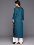Varanga Women Teal Round Neck Embroidered Yoke Straight Kurta