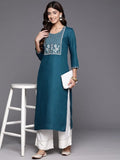 Varanga Women Teal Round Neck Embroidered Yoke Straight Kurta