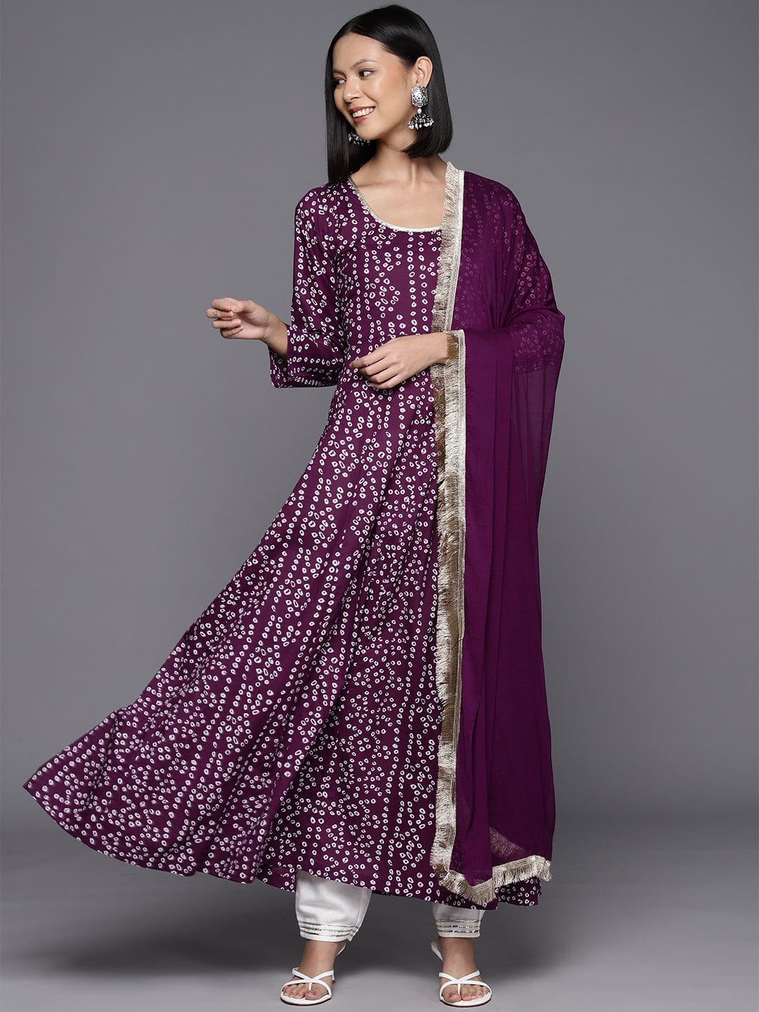 Violet Bandhani Printed Anarkali Kurta Paired With Dupatta