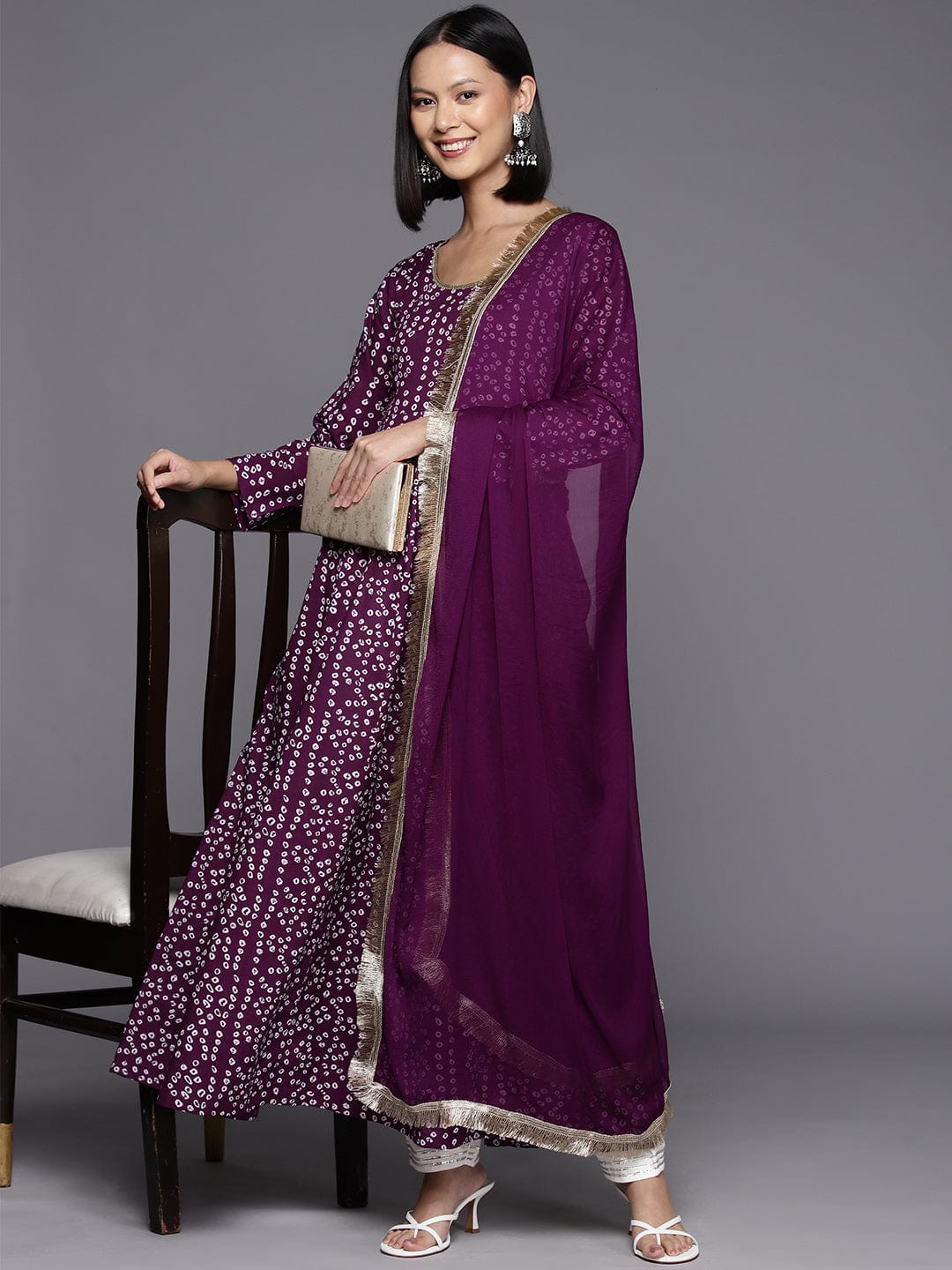 Violet Bandhani Printed Anarkali Kurta Paired With Dupatta