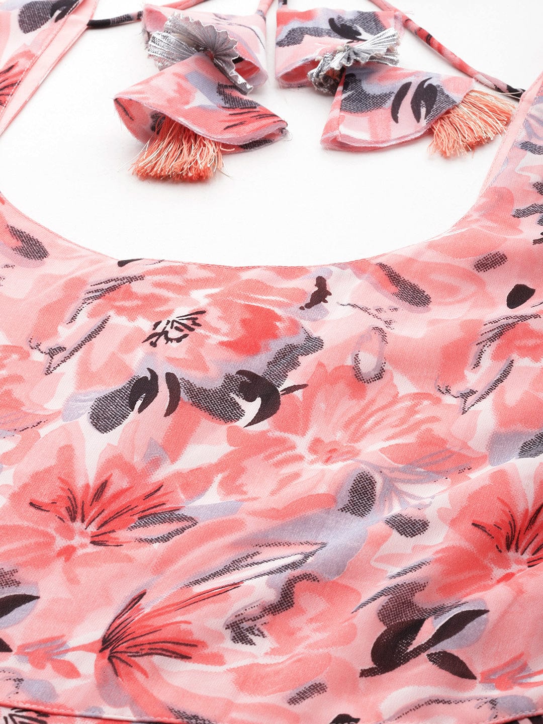 Peach Floral Printed Anarkali Kurta Paired With Tonal Chiffon Solid Dupatta With Four Side Traingular Gota Lace