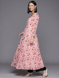 Peach Floral Printed Anarkali Kurta Paired With Tonal Chiffon Solid Dupatta With Four Side Traingular Gota Lace