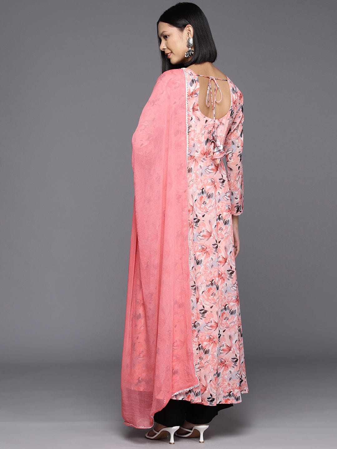 Peach Floral Printed Anarkali Kurta Paired With Tonal Chiffon Solid Dupatta With Four Side Traingular Gota Lace