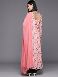 Peach Floral Printed Anarkali Kurta Paired With Tonal Chiffon Solid Dupatta With Four Side Traingular Gota Lace