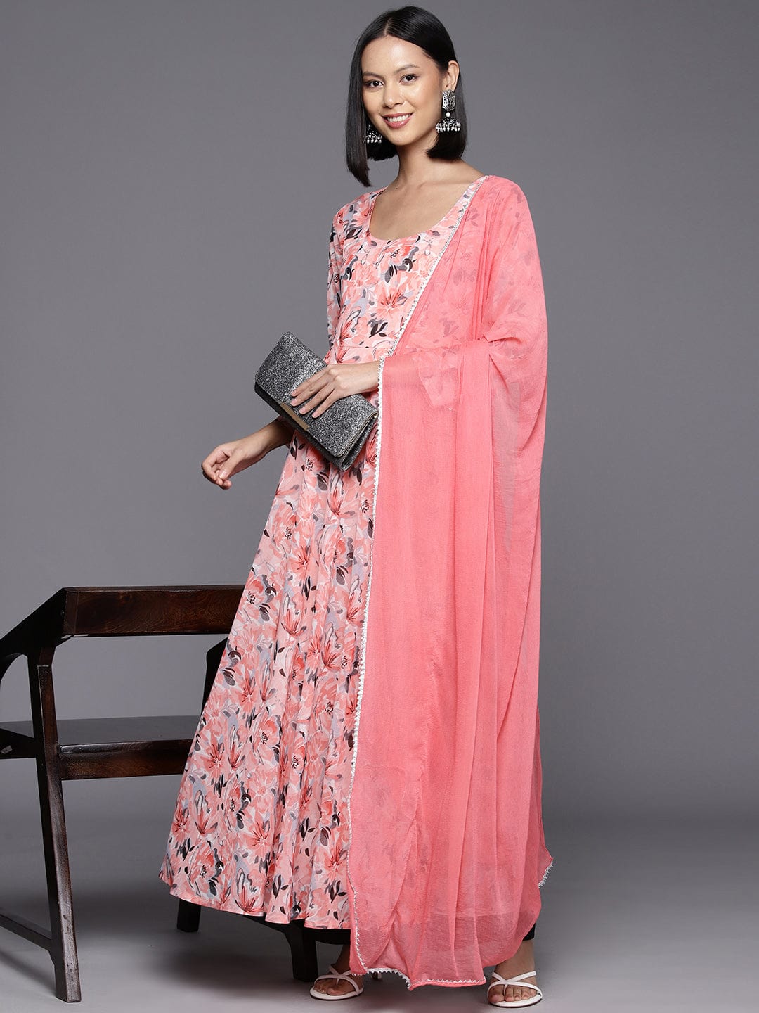 Peach Floral Printed Anarkali Kurta Paired With Tonal Chiffon Solid Dupatta With Four Side Traingular Gota Lace