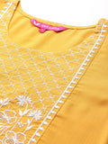 Mustard Round Neck Embroidered Yoke Straight Kurta.