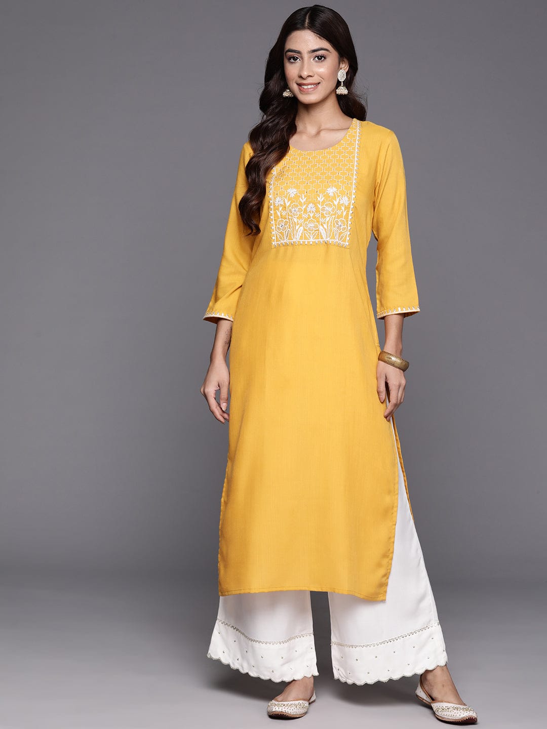 Mustard Round Neck Embroidered Yoke Straight Kurta.