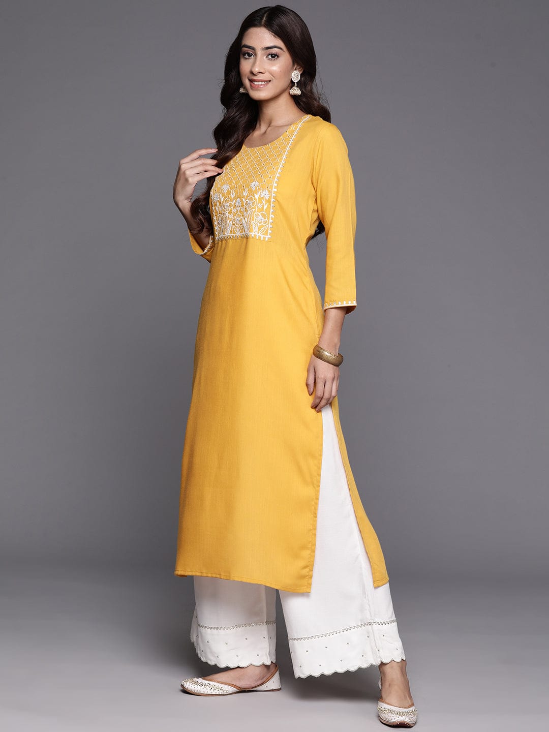 Mustard Round Neck Embroidered Yoke Straight Kurta.