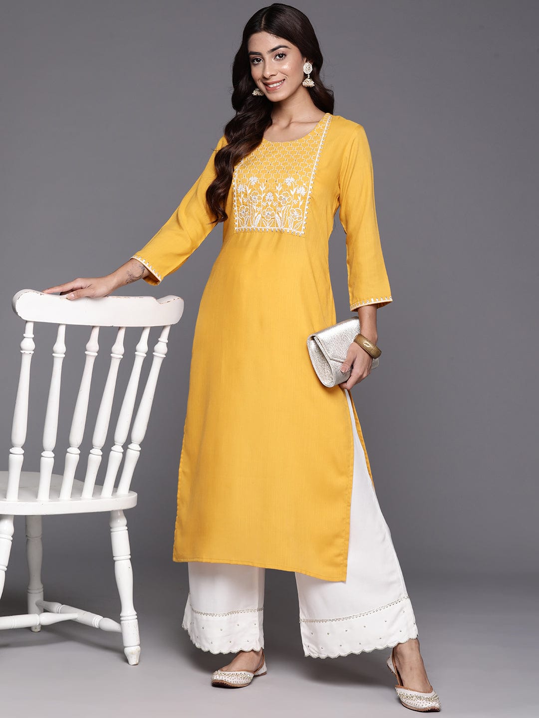 Mustard Round Neck Embroidered Yoke Straight Kurta.