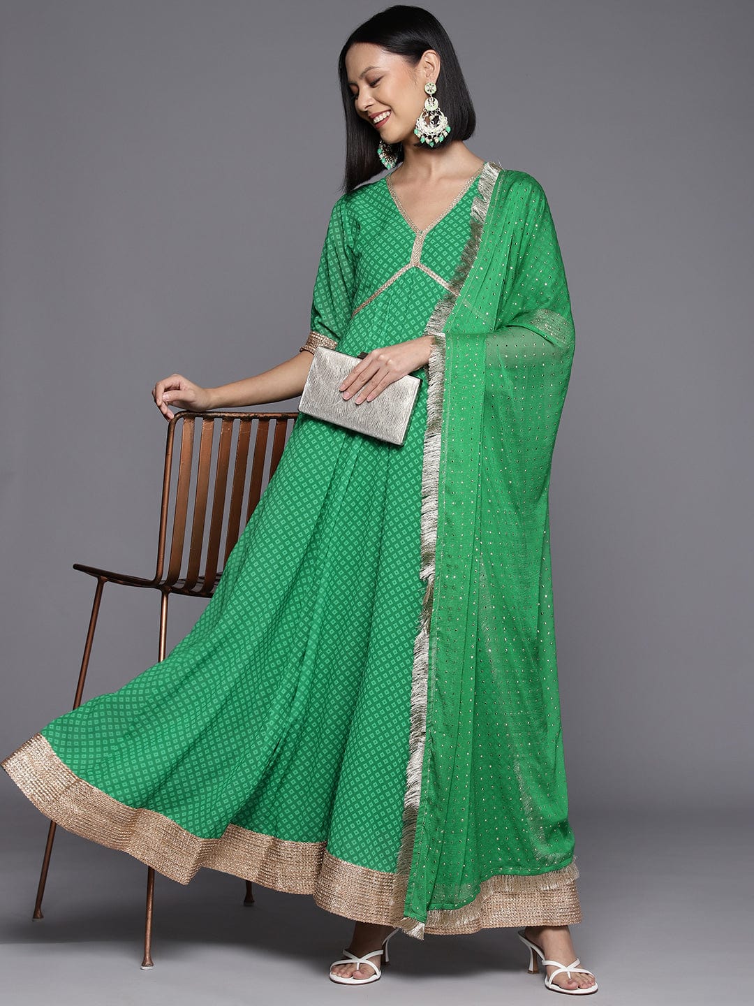 Green Bandhani Printed Anarkali Kurta Paired With Dupatta