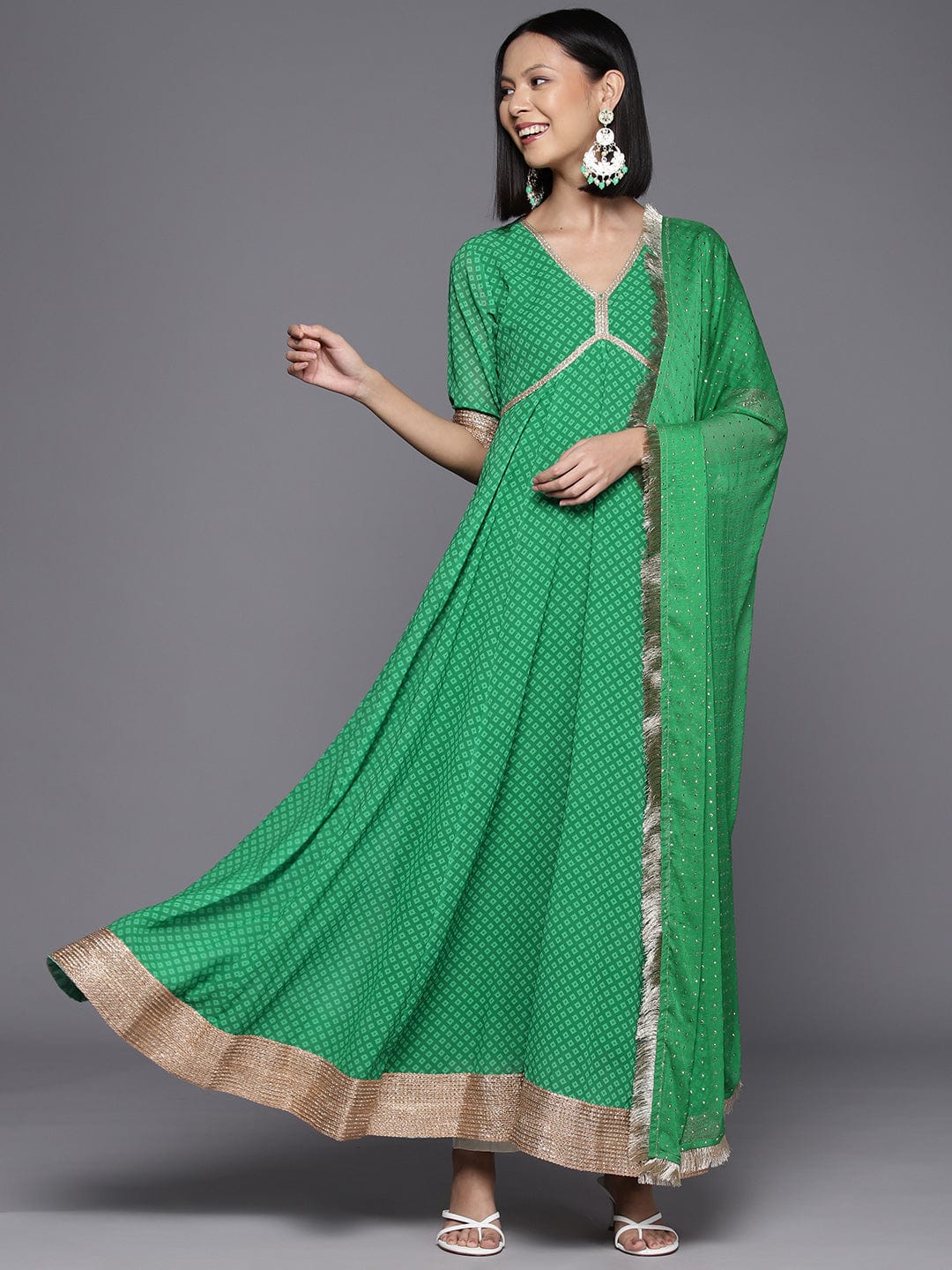 Green Bandhani Printed Anarkali Kurta Paired With Dupatta
