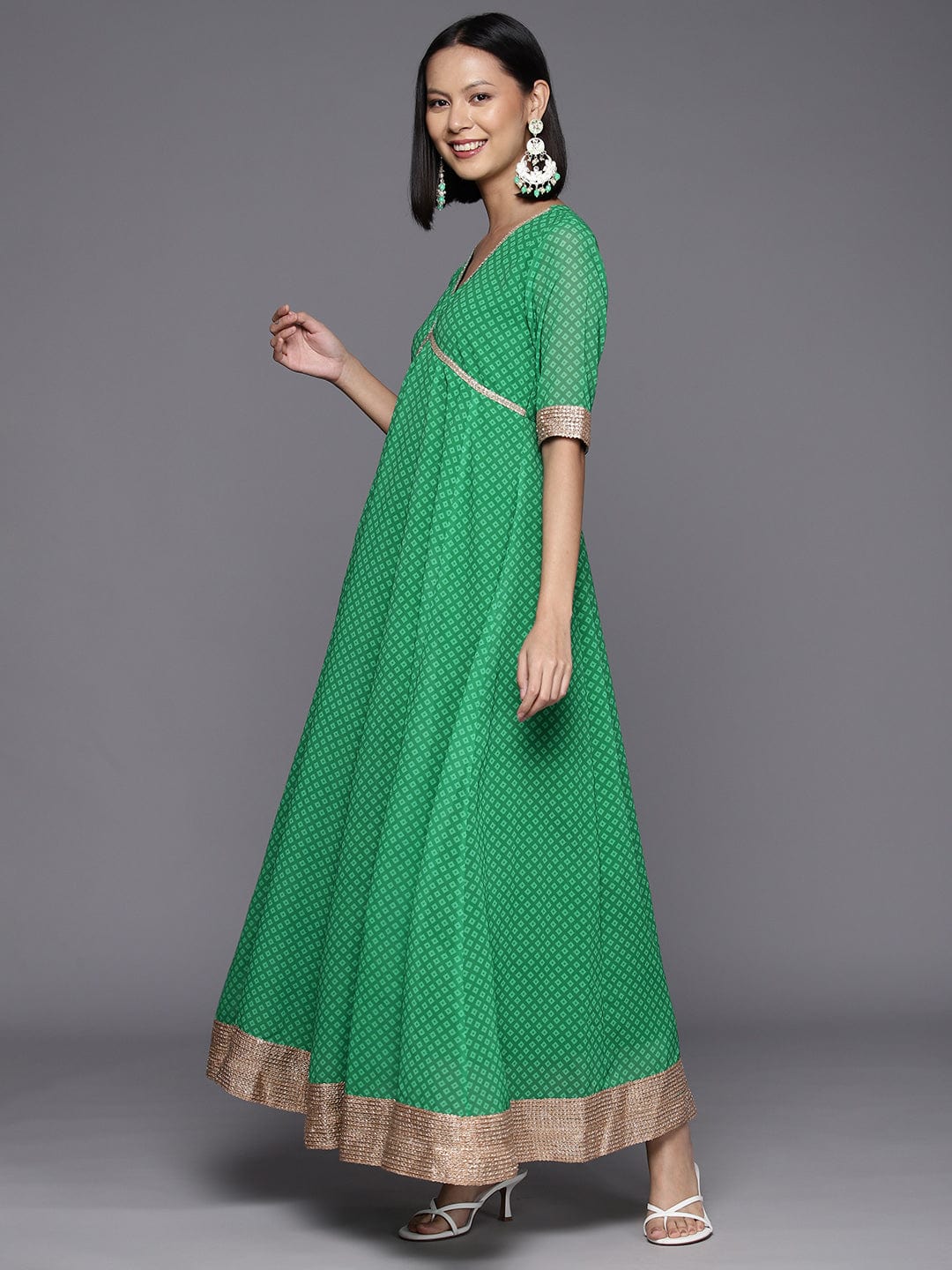Green Bandhani Printed Anarkali Kurta Paired With Dupatta