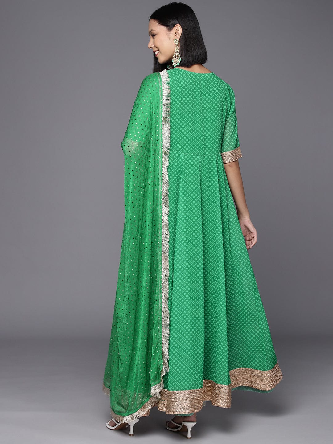 Green Bandhani Printed Anarkali Kurta Paired With Dupatta