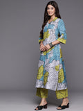 Blue And Green Abstract Printed Shirt Collar, Straight Kurta With Side And Front Slits Paired With Printed Bottom