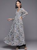 Grey Floral Printed Anarkali Kurta With Full Sleeves Paired With Green Solid Dupatta