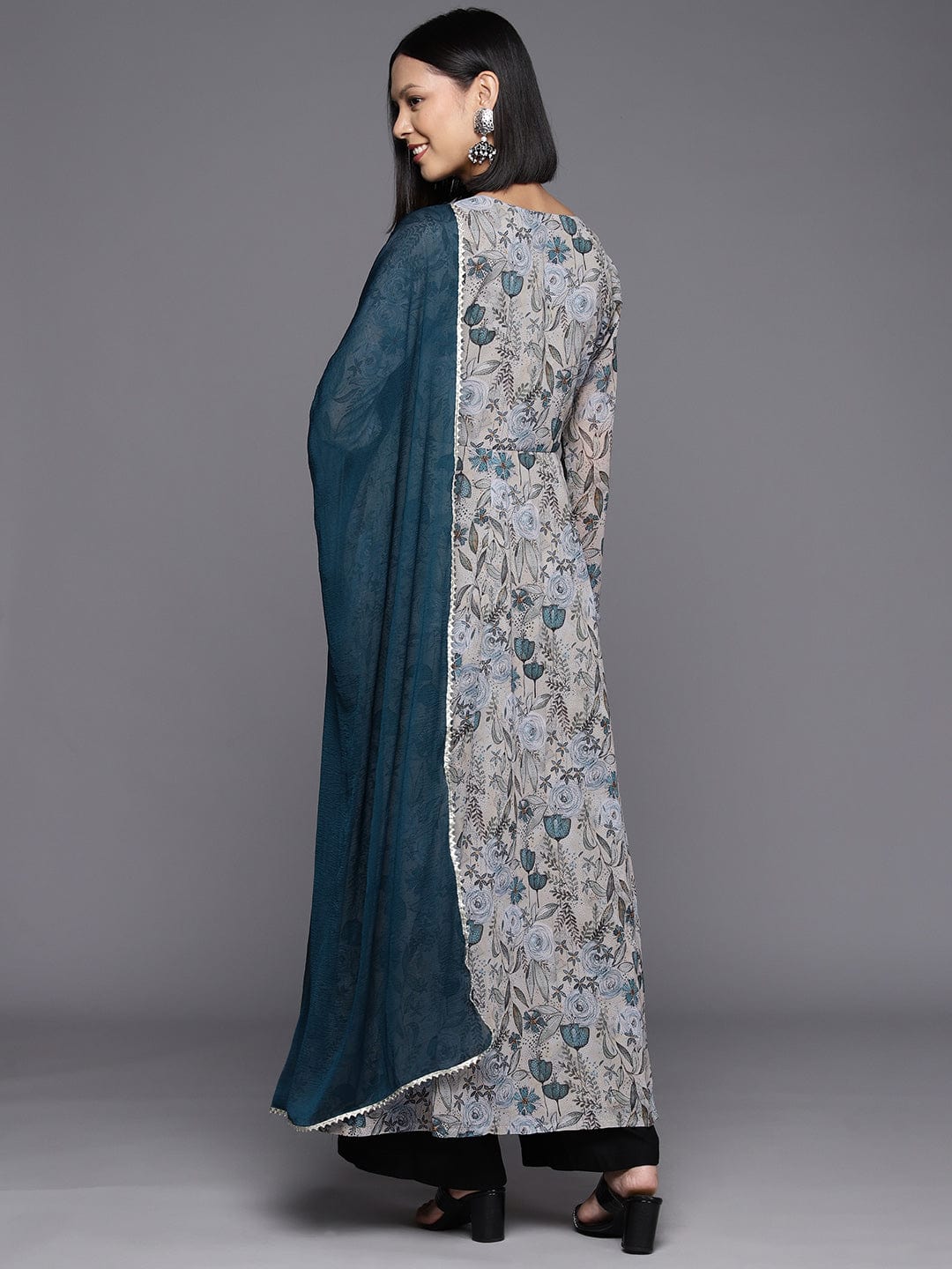 Grey Floral Printed Anarkali Kurta With Full Sleeves Paired With Green Solid Dupatta