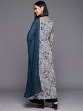 Grey Floral Printed Anarkali Kurta With Full Sleeves Paired With Green Solid Dupatta
