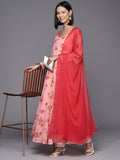 Pink Floral Printed Anarkali Kurta Paired With Solid Dupatta