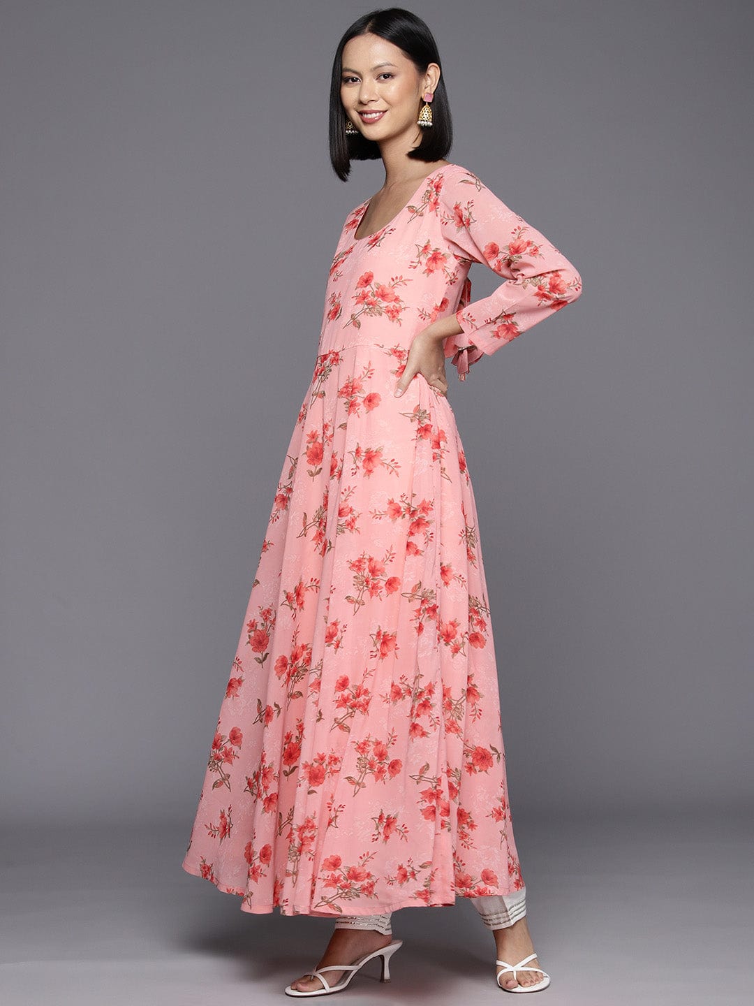 Pink Floral Printed Anarkali Kurta Paired With Solid Dupatta
