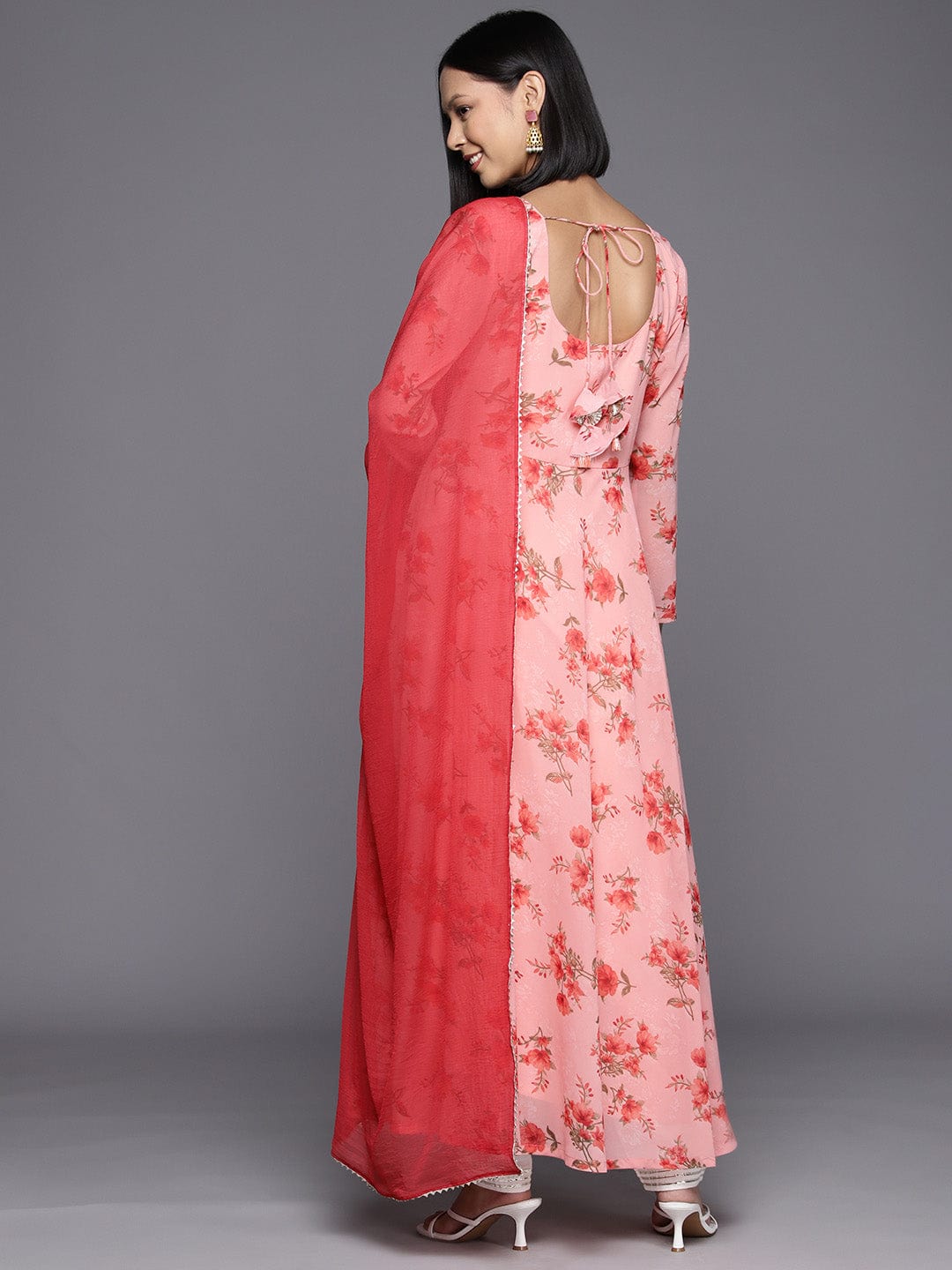 Pink Floral Printed Anarkali Kurta Paired With Solid Dupatta