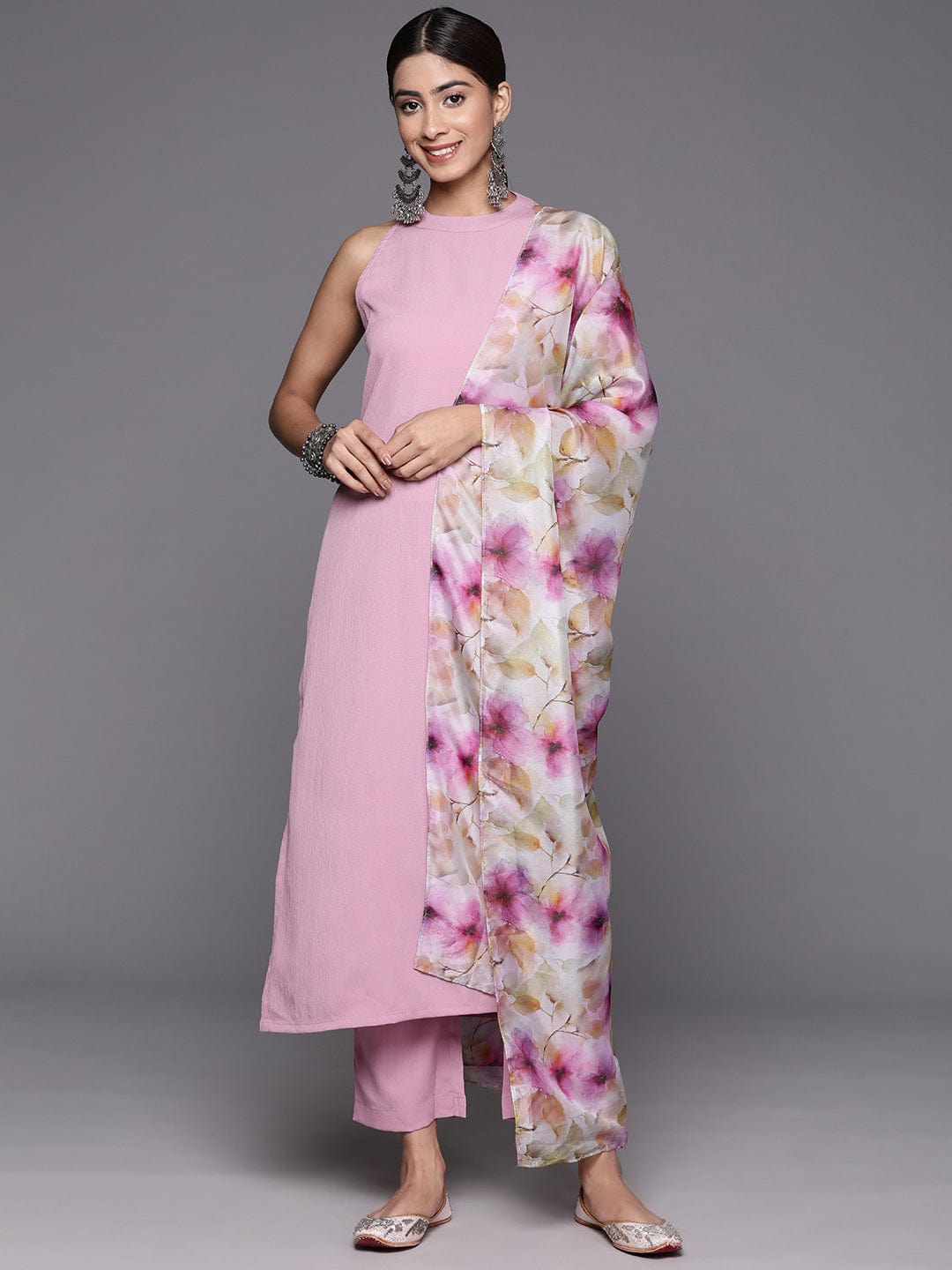Pink Halter Neck Straight Kurta Paired With Tonal Bottom And Printed Dupatta