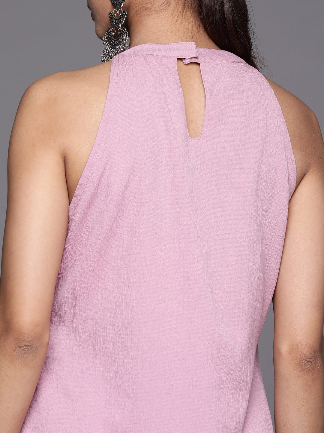 Pink Halter Neck Straight Kurta Paired With Tonal Bottom And Printed Dupatta