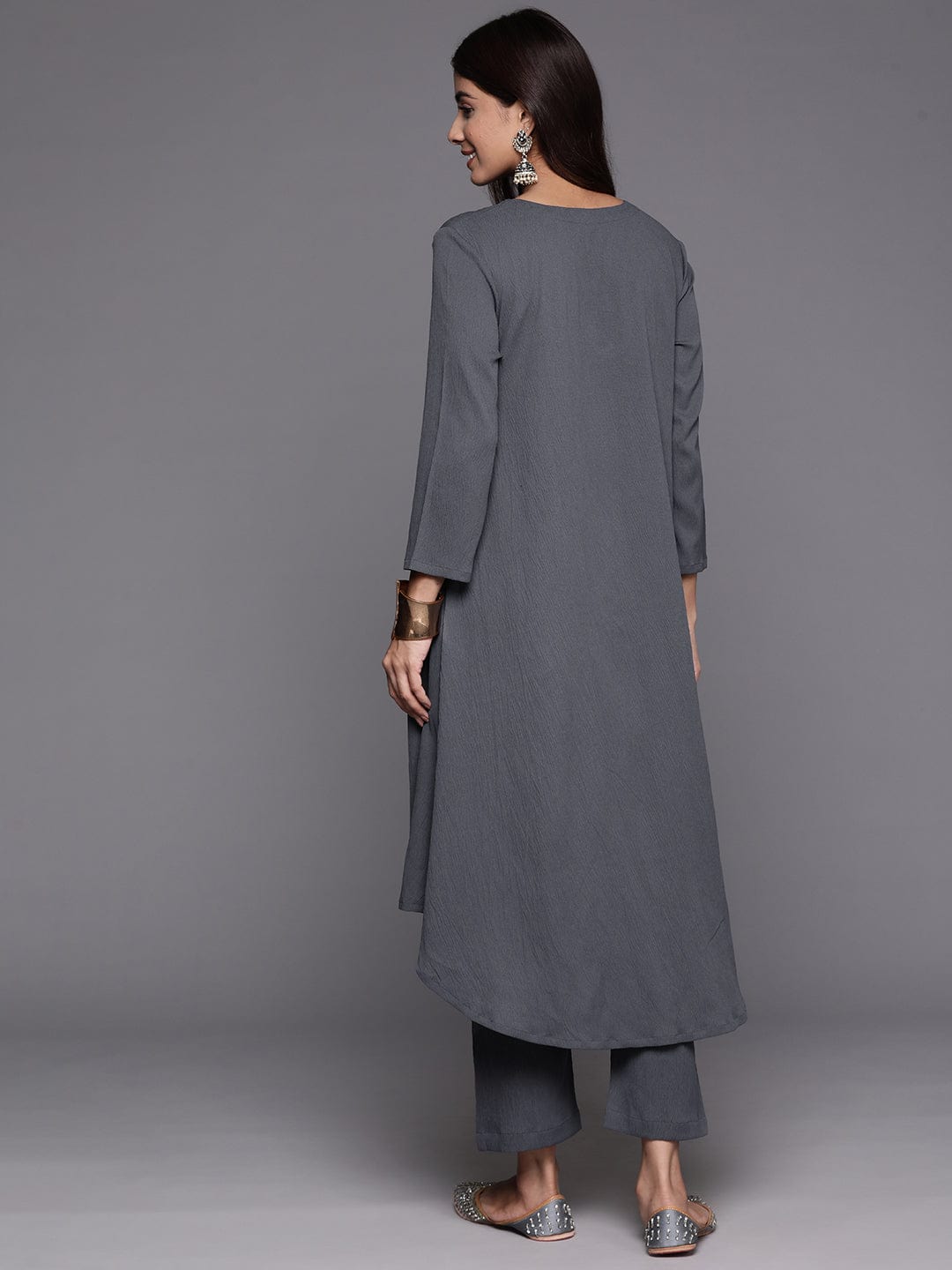Grey Empire Gathered Details A-Line Kurta Paired With Tonal Bottom