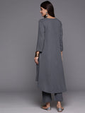 Grey Empire Gathered Details A-Line Kurta Paired With Tonal Bottom