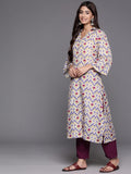 Off White Ikat Printed Shirt Collar Straight Kurta Paired With Violet Solid Bottom.