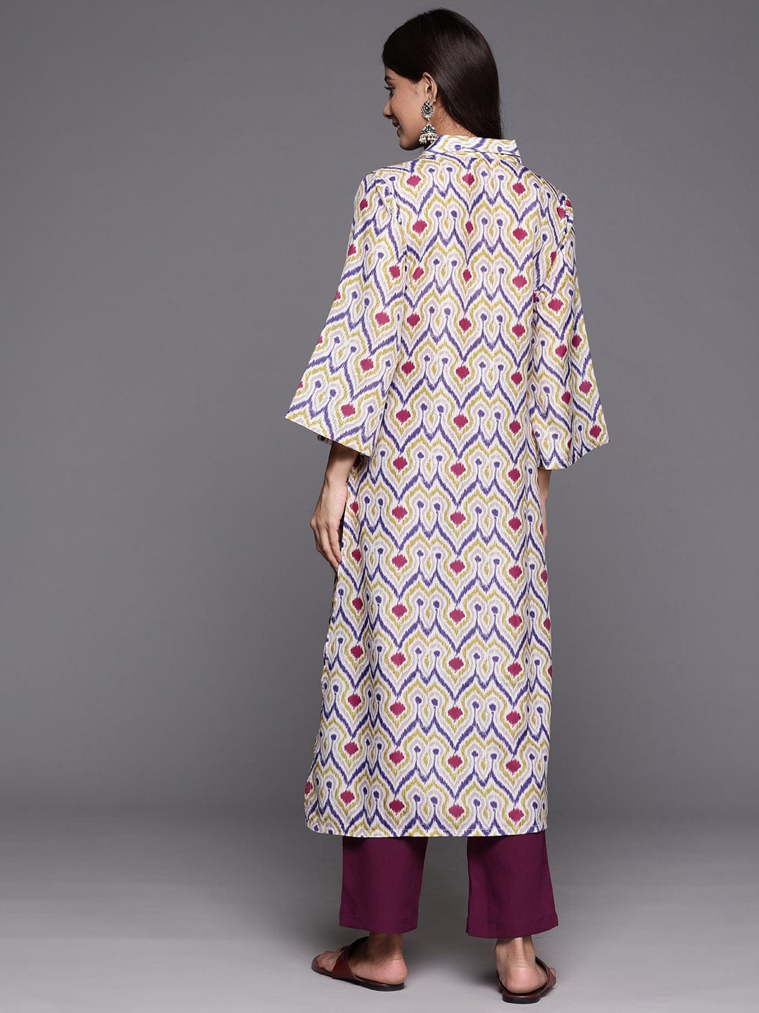 Off White Ikat Printed Shirt Collar Straight Kurta Paired With Violet Solid Bottom.