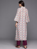 Off White Ikat Printed Shirt Collar Straight Kurta Paired With Violet Solid Bottom.