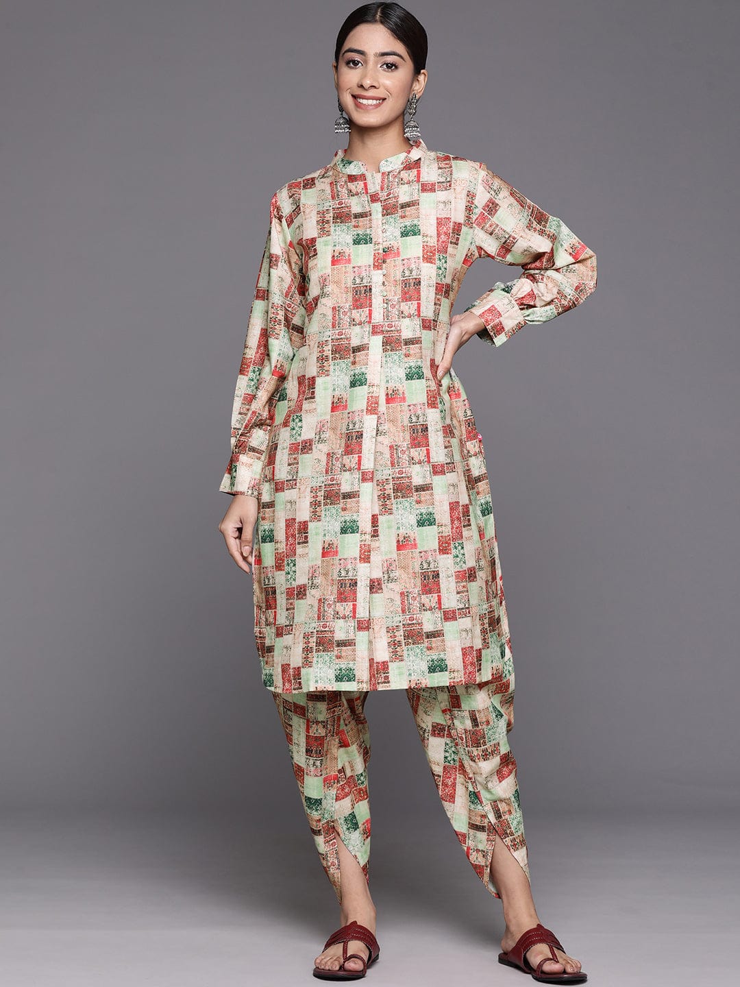 Beige Geometrical Printed Straight Kurta With Bishop Sleeves Paired With Tonal Printed Dhoti Style Bottom