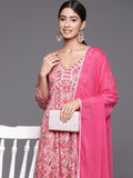 Pink Floral Printed A-Line Kurta With Side Slits Paired With Tonal Bottom And Dupatta