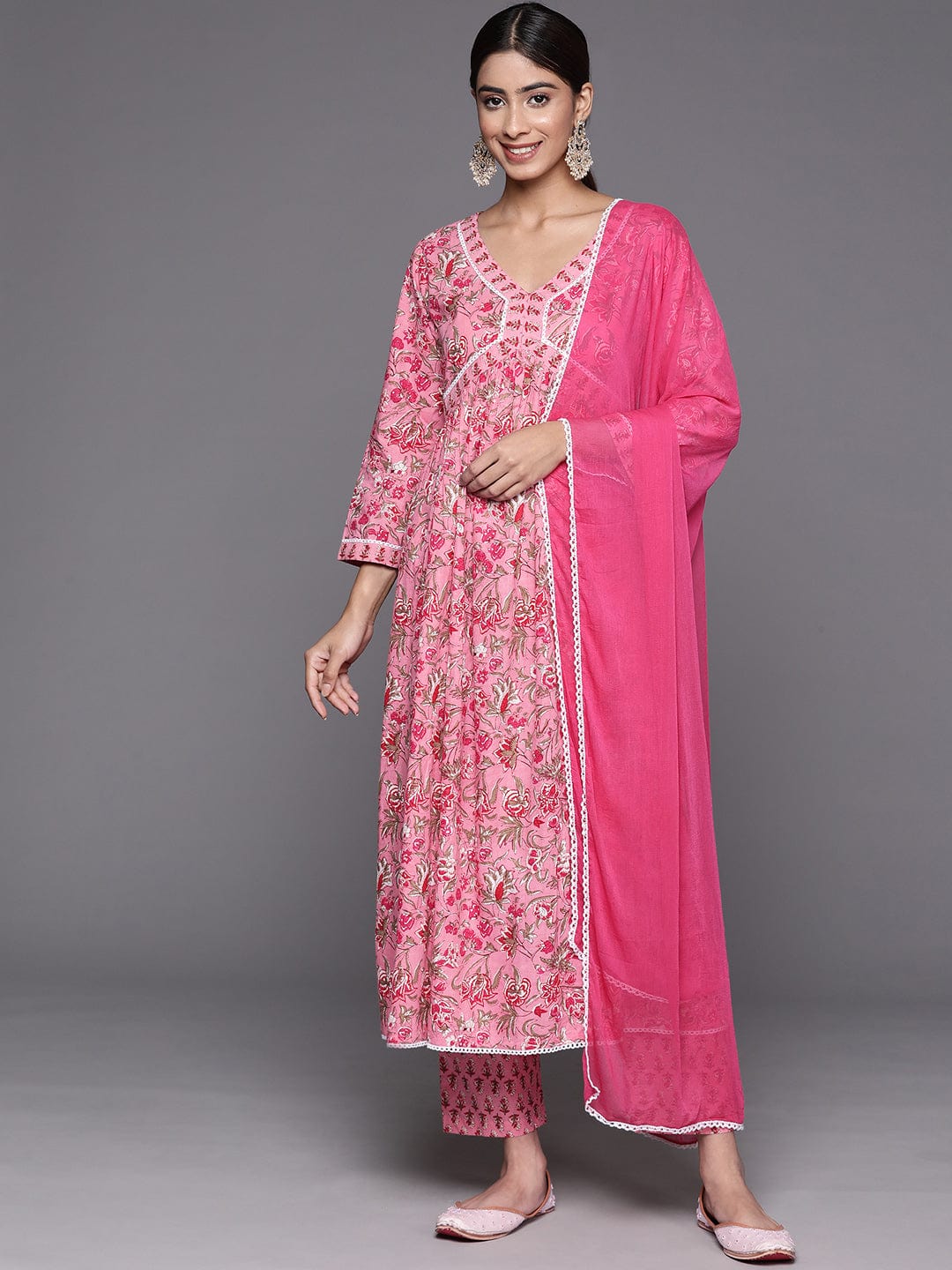 Pink Floral Printed A-Line Kurta With Side Slits Paired With Tonal Bottom And Dupatta