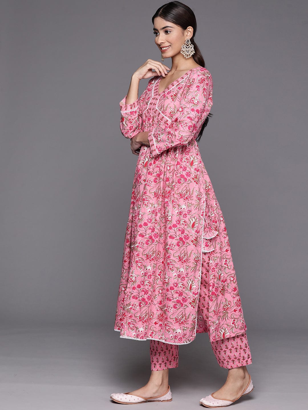 Pink Floral Printed A-Line Kurta With Side Slits Paired With Tonal Bottom And Dupatta