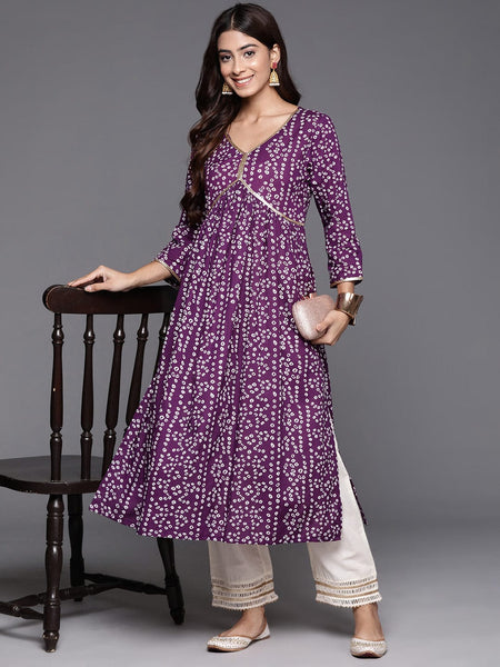 Purple Bandhani Print V-Neck With Sequin Lace Detail A Line Kurta – Varanga