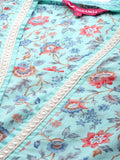 Blue Floral Printed A-Line Kurta With Three Quarter Sleeves Paired With Printed Bottom And Solid Chiffon Dupatta